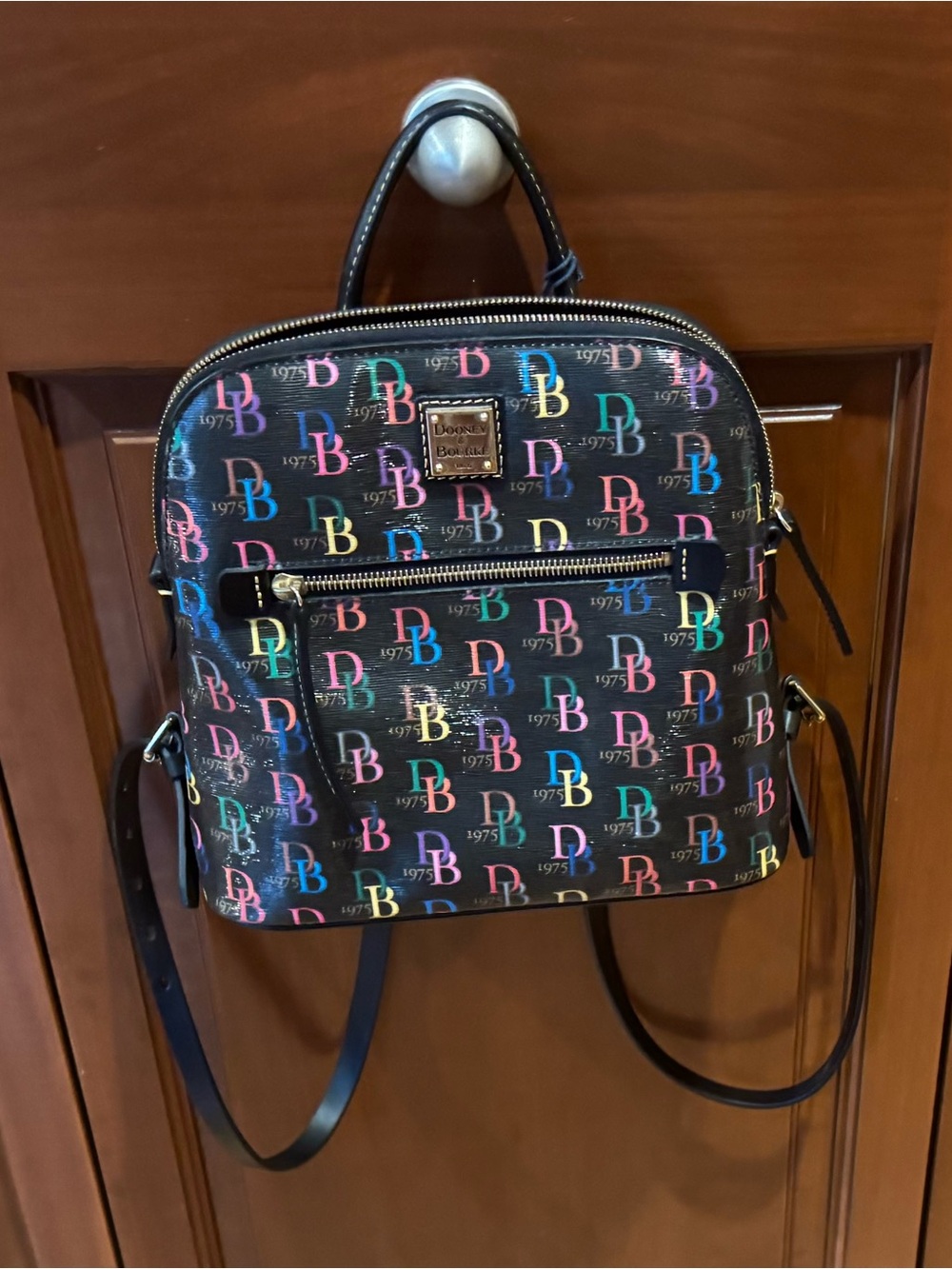 Dooney & Bourke Black Rainbow Logo Mini Backpack with Gold Hardware